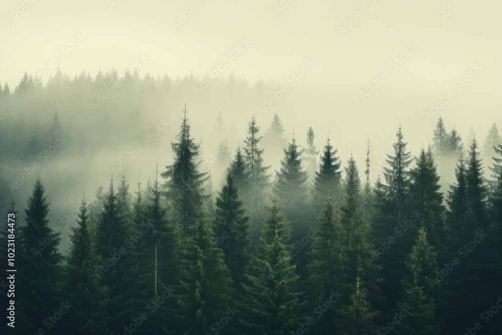 Photo of misty landscape with fir green forest in vintage retro style outdoors scenery nature. Photo of misty landscape with fir green forest in vintage retro style outdoors scenery nature.