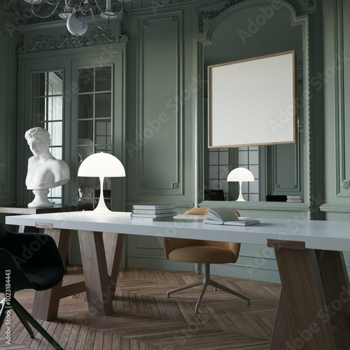 modern classic home office interior background with desk and chair. poster mockup. 3d rendering