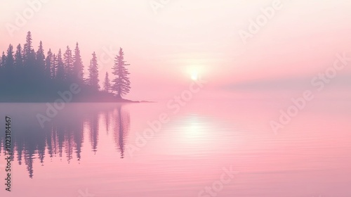 A dreamy pink sky reflected in the calm waters of a lake, with a silhouette of trees on the horizon.