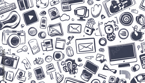 A seamless pattern with hand-drawn doodles of everyday technology and objects, including a computer, phone, camera, email, and coffee cup.