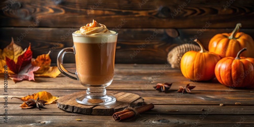 Pumpkin spice latte in a glass mug on a wooden table, fall, seasonal, warm drink, coffee, beverage, autumn, cozy, latte art Pumpkin spice latte in a glass mug on a wooden table, fall, seasonal, warm drink, coffee, beverage, autumn, cozy, latte art