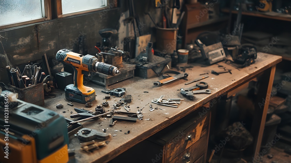 Cluttered Workbench Covered in Tools and Equipment for Repair and Crafting Cluttered Workbench Covered in Tools and Equipment for Repair and Crafting