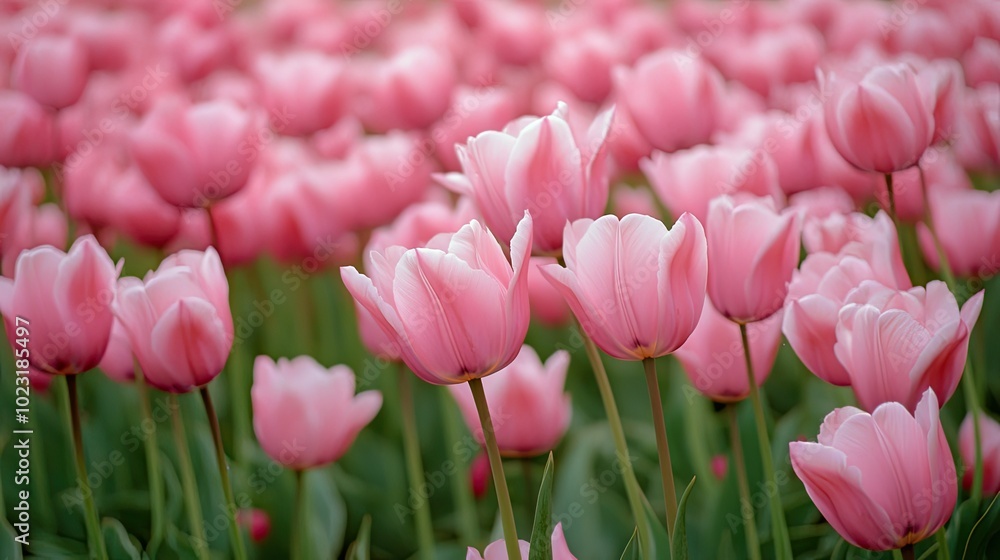 A field of pink tulips stretching into the horizon, with a soft breeze moving through the petals, creating a sea of soft color. A field of pink tulips stretching into the horizon, with a soft breeze moving through the petals, creating a sea of soft color.