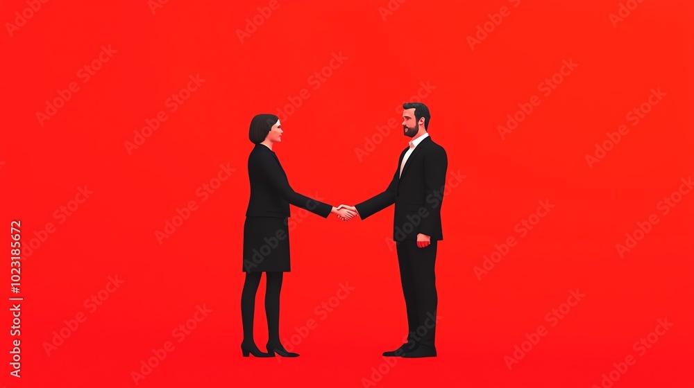 Fototapeta premium Two business professionals shaking hands against a vibrant red background.