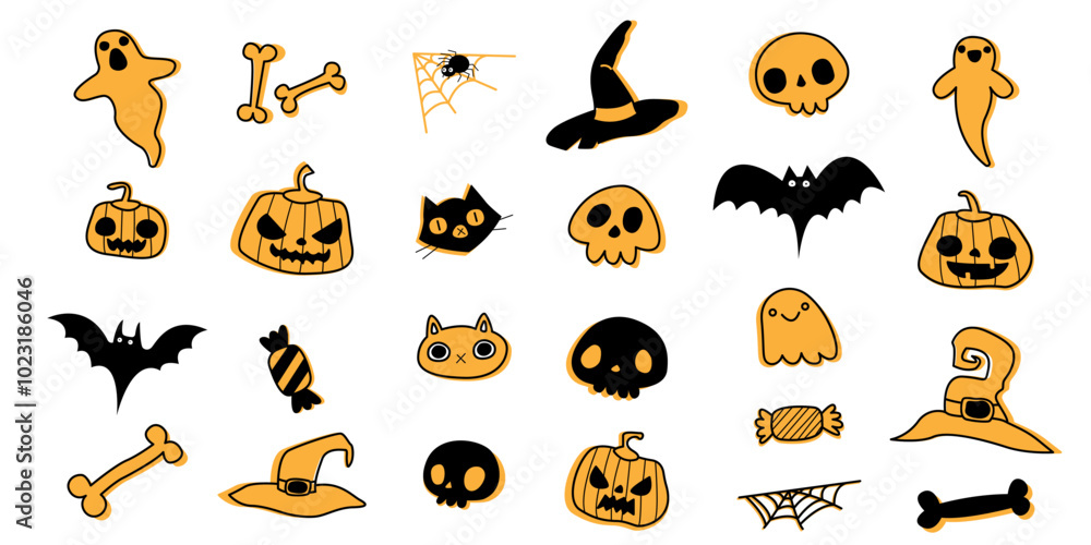 Fototapeta premium Halloween doodle decoration elements set. Ghost, bat, spider web, pumpkin, bone, cat, witch hat. October holiday decorations, spirit characters. Kids flat vector illustration isolated on white.
