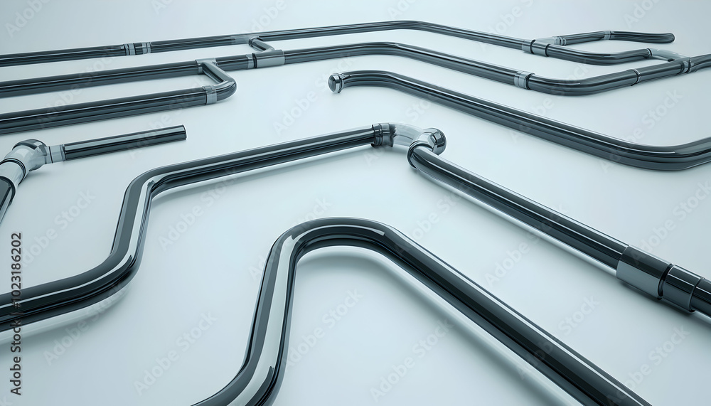 Abstract image of shiny, chrome pipes arranged in a complex network, against a white background. Abstract image of shiny, chrome pipes arranged in a complex network, against a white background.