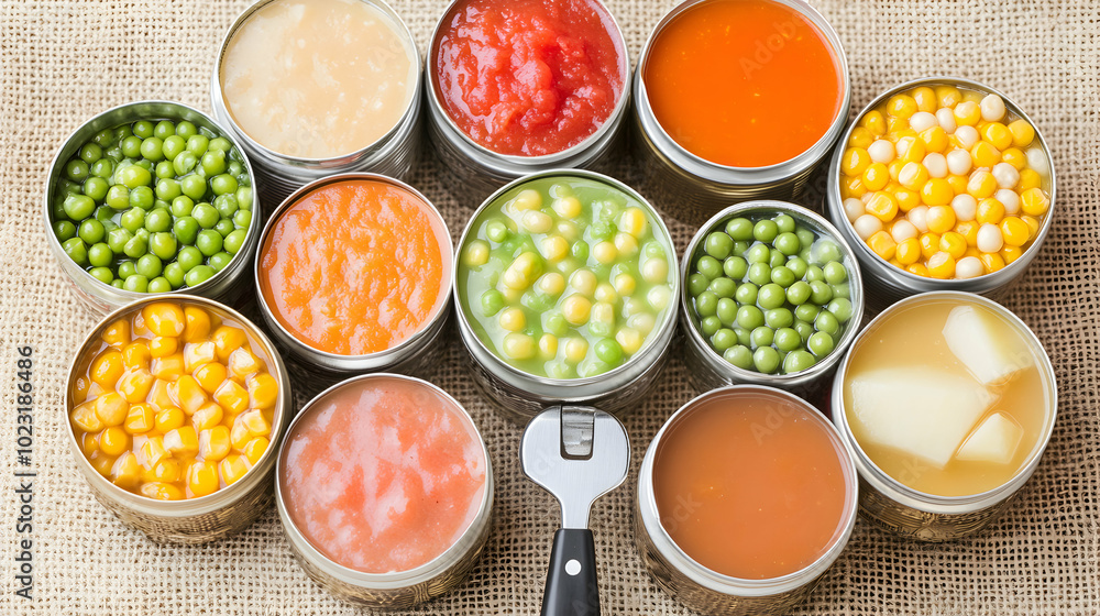 Assortment of canned goods on burlap background. Assortment of canned goods on burlap background.