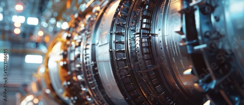 A close-up of intricate gear machinery radiates innovation with gleaming steel and a backdrop of soft-focus lights in an industrial setting.