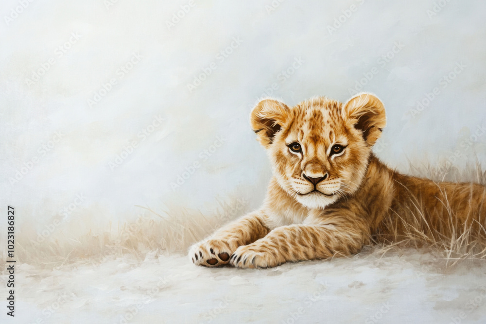 Obraz premium Gentle lion cub resting gracefully on a neutral background in a serene setting