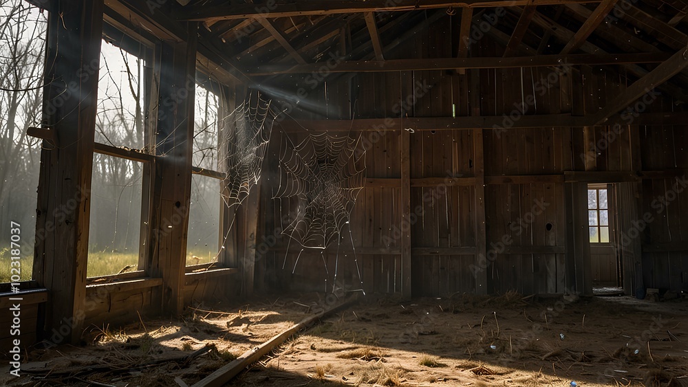 Spider Webs in an Abandoned Barn: Dusty Light Beams Enhance the Spooky Atmosphere Spider Webs in an Abandoned Barn: Dusty Light Beams Enhance the Spooky Atmosphere