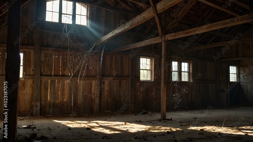 Spider Webs in an Abandoned Barn: Dusty Light Beams Enhance the Spooky Atmosphere Spider Webs in an Abandoned Barn: Dusty Light Beams Enhance the Spooky Atmosphere