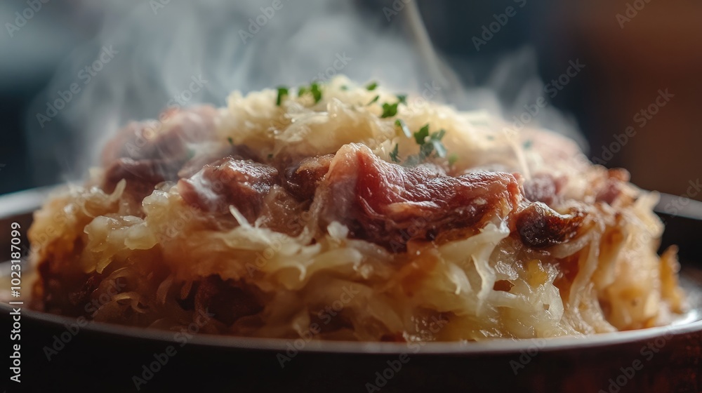 Fototapeta premium Steaming Hot Plate of Choucroute