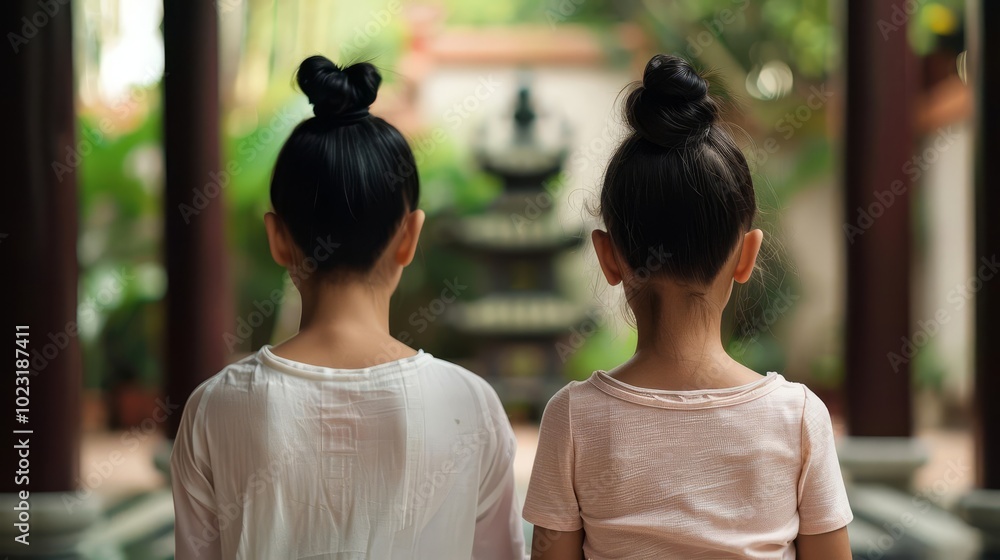 Young girl and woman in traditional Asian clothing meditating together. Young girl and woman in traditional Asian clothing meditating together.