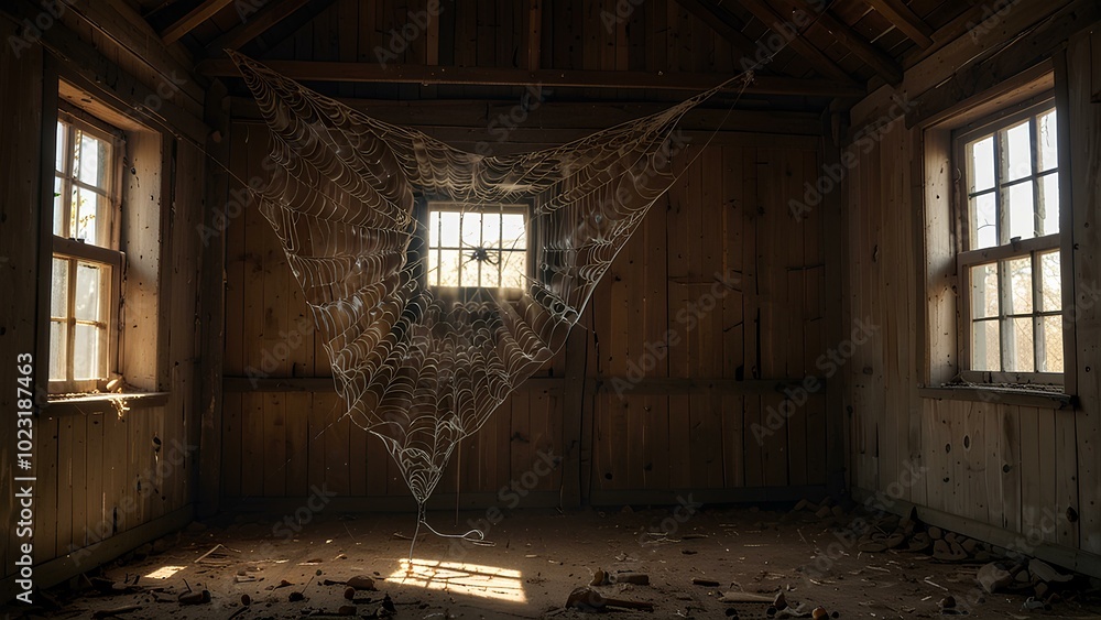 Spider Webs in an Abandoned Barn: Dusty Light Beams Enhance the Spooky Atmosphere Spider Webs in an Abandoned Barn: Dusty Light Beams Enhance the Spooky Atmosphere