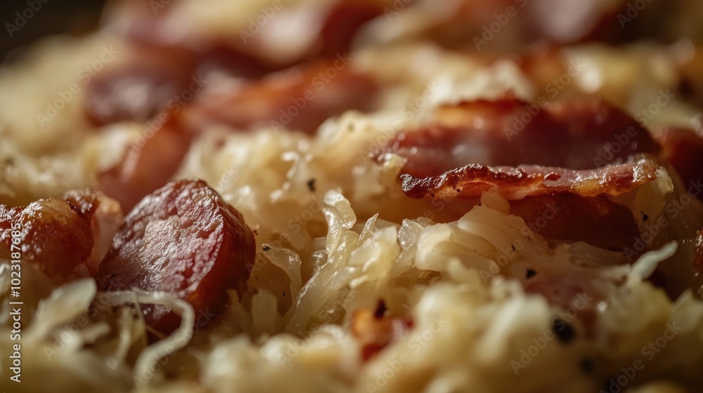 Close-Up of Sauerkraut and Meat Dish Close-Up of Sauerkraut and Meat Dish