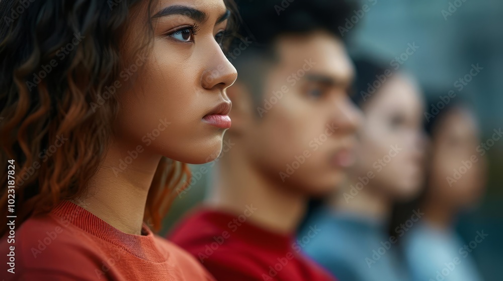 Close-up portrait of a young woman looking intensely, with two others in the background. Close-up portrait of a young woman looking intensely, with two others in the background.