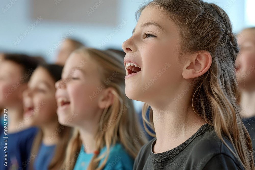Young girl singing in a choir with other children. Young girl singing in a choir with other children.