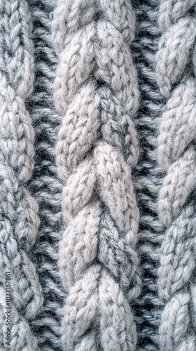 grey knitted wool pattern in the form of braids, close-up