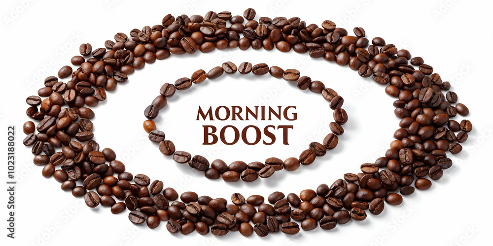 Floating Coffee Beans in Spiral with Morning Boost Text - Dynamic Vector Design for Energizing Morning Beverage Presentations on White Background Floating Coffee Beans in Spiral with Morning Boost Text - Dynamic Vector Design for Energizing Morning Beverage Presentations on White Background