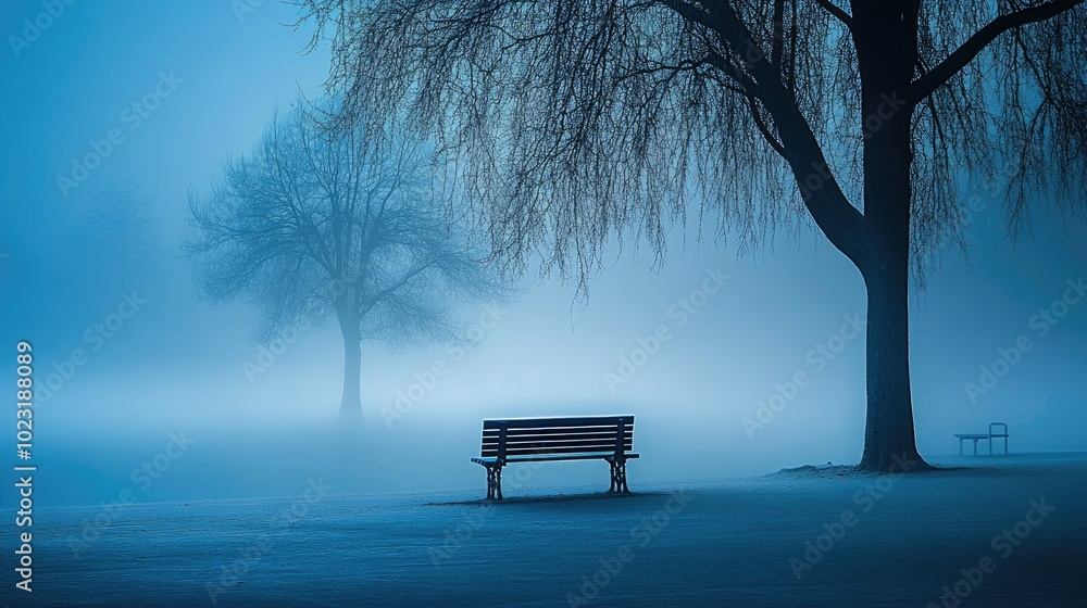 A foggy morning in the park with trees and benches barely visible through the mist, creating a peaceful and serene atmosphere. A foggy morning in the park with trees and benches barely visible through the mist, creating a peaceful and serene atmosphere.