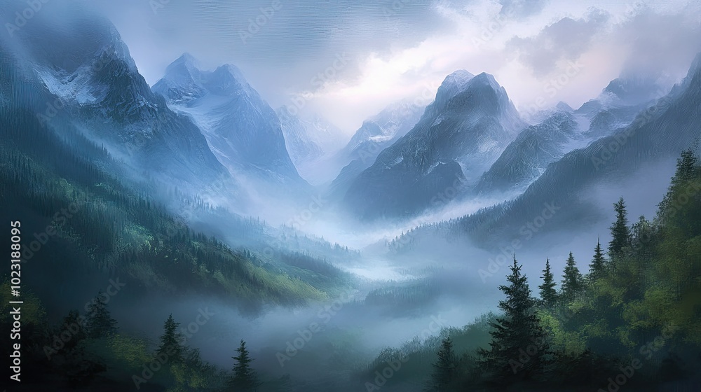 Obraz premium A foggy mountain valley with peaks barely visible through the mist and soft light illuminating the scene.