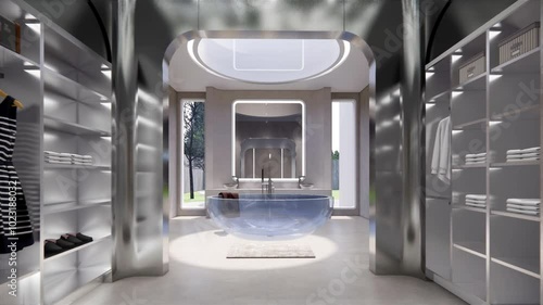 Interior Empty Modern future house open space .Living room and pantry dining kitchen. home .modern monomal space interior .3D Rendering .
