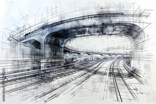 Dynamic Architectural Sketch of a Curved Train Track and Overpass