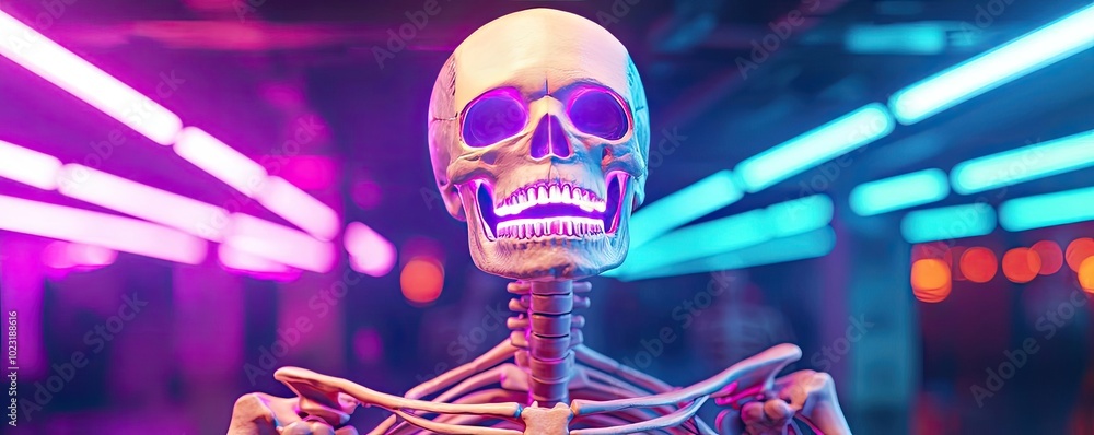 A vibrant skeleton model stands in neon-lit surroundings, creating a striking visual contrast perfect for Halloween or educational themes. A vibrant skeleton model stands in neon-lit surroundings, creating a striking visual contrast perfect for Halloween or educational themes.