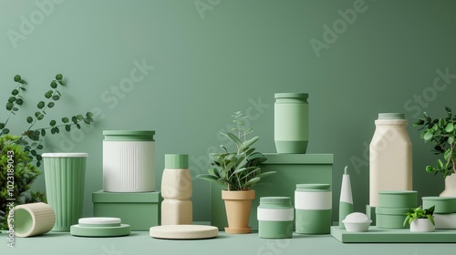 Minimalist green and white product display with plants and natural elements.