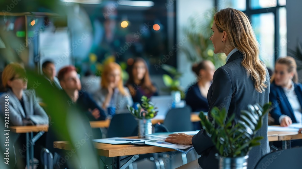 Businesswoman giving presentation to audience in modern office. Businesswoman giving presentation to audience in modern office.