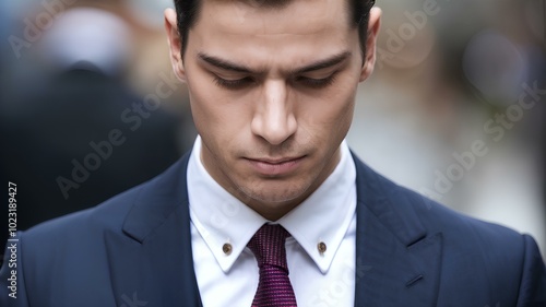 Thoughtful young man in elegant suit and tie looking down to smartphone, reflecting in a busy urban environment