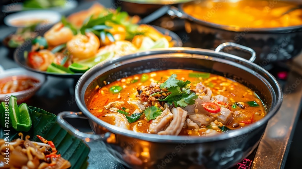 Close-up of a steaming pot of Thai curry with vegetables, meat and spices. Close-up of a steaming pot of Thai curry with vegetables, meat and spices.