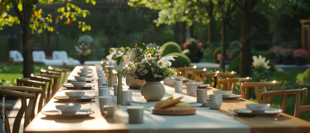 Fototapeta premium Elegant outdoor table adorned with flowers and tableware under soft sunlight, set in a serene garden for a peaceful gathering.