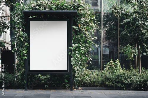 Blank billboard mockup designed for advertising at a bus stop surrounded by greenery