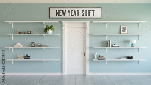 White shelves and a closed white door against a light blue wall with a sign that reads 