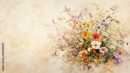 A beautiful watercolor painting of an ancient-style bouquet of wildflowers, with soft brush strokes and faded colors