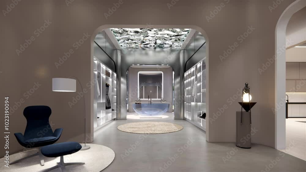 Interior Empty Modern future house open space .Living room and pantry dining kitchen. home .modern monomal space interior .3D Rendering .
Interior Empty Modern future house open space .Living room and pantry dining kitchen. home .modern monomal space interior .3D Rendering .