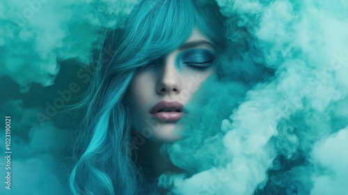 A young woman with bright teal hair surrounded by a cloud of turquoise smoke, presenting a vibrant and abstract fashion concept in a close-up shot.