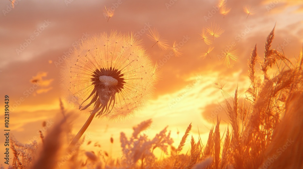 Obraz premium Delicate Dandelion Puff Against Sunset Sky