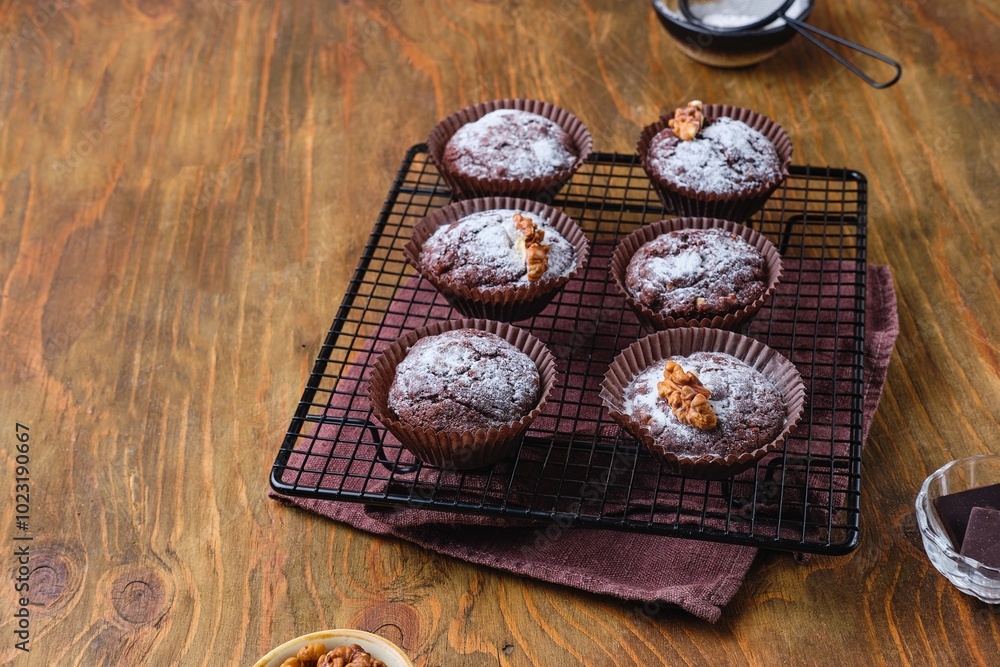 Chocolate muffins with powdered sugar and walnuts on a black baking grid on a wooden background. Baking sweet. Chocolate muffins with powdered sugar and walnuts on a black baking grid on a wooden background. Baking sweet.