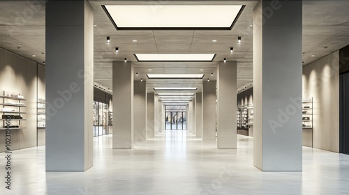 An abstract retail space with a concrete floor and minimalist pillars, square ceiling lights enhancing product displays, designed for an upscale shopping experience in an urban setting.