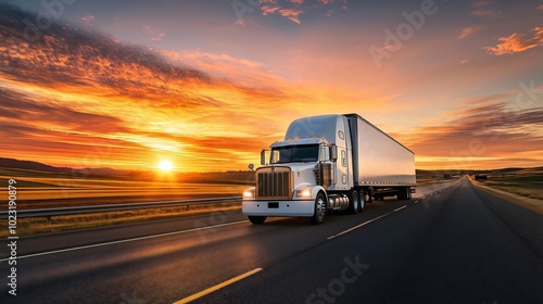 Fototapeta Naklejka Na Ścianę i Meble -  Semi truck driving on a highway during a beautiful sunset
