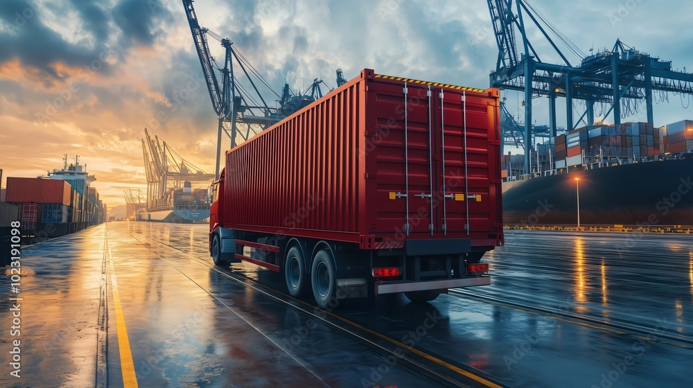 Red truck leaving container terminal at sunset after global shipping Red truck leaving container terminal at sunset after global shipping