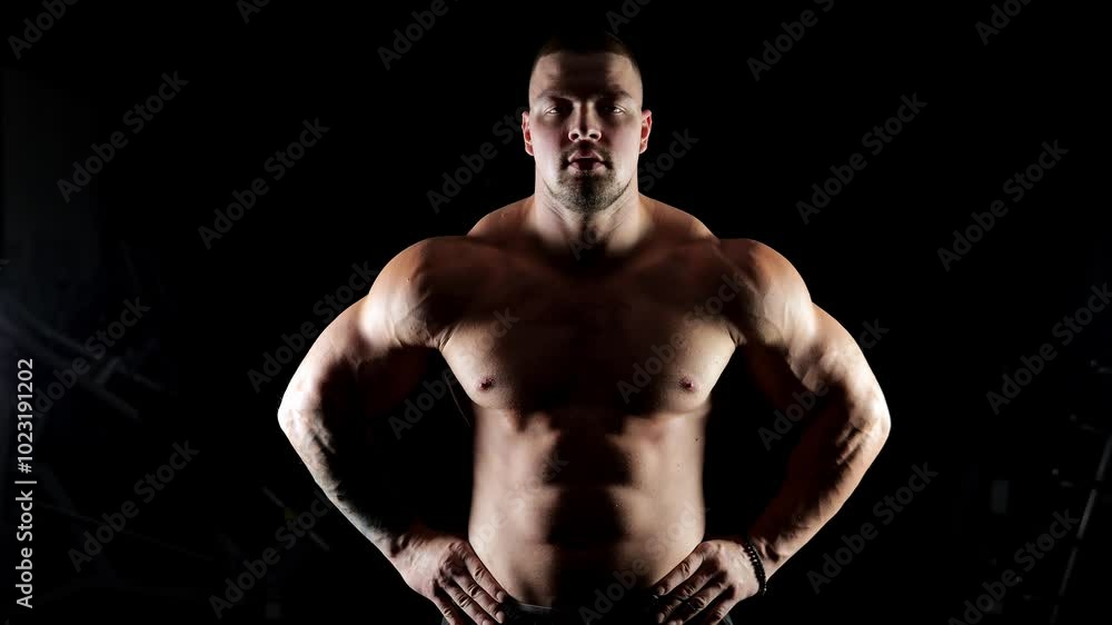 The silhouette of an athlete showing off his pumped-up muscles on a black background. A bodybuilder with a muscular body in a dark gym. The shadow highlights the muscles on the body. The silhouette of an athlete showing off his pumped-up muscles on a black background. A bodybuilder with a muscular body in a dark gym. The shadow highlights the muscles on the body.