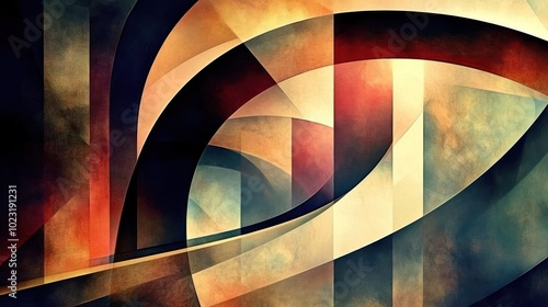 Abstract geometric composition featuring curves and vibrant colors.