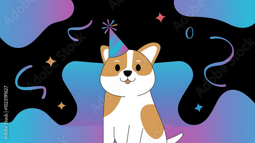 Cute brown and white dog wearing a party hat, perfect for birthday celebrations and greeting cards. 
