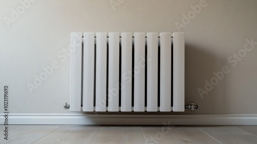 Close-up shot of a sleek white radiator with a glossy finish, set against a light taupe wall in a contemporary apartment, with free space above for interior elements.