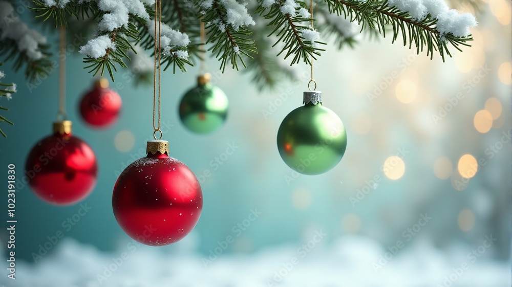 Red and green Christmas ornaments hanging from snowy branches, with a frosted glass background. Red and green Christmas ornaments hanging from snowy branches, with a frosted glass background.