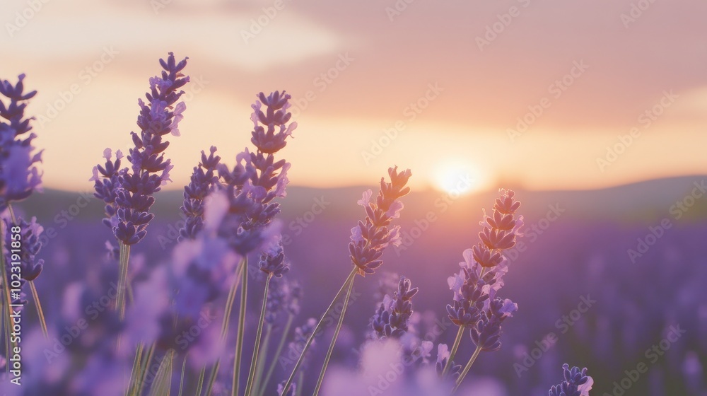 Fototapeta premium Lavender Field Swaying in the Gentle Breeze at Sunset