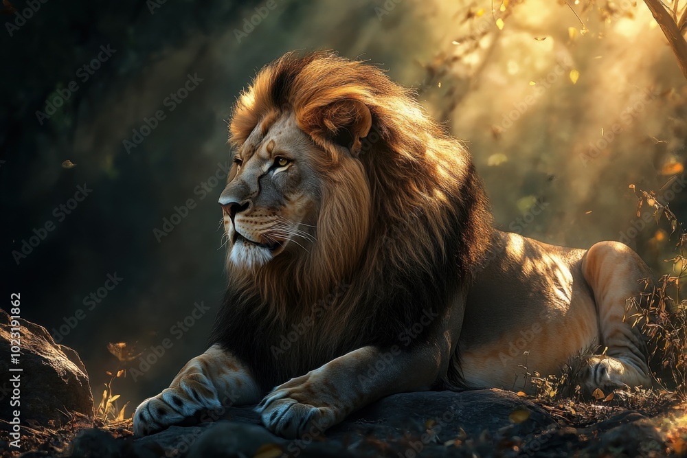 Obraz premium Majestic lion resting peacefully in a serene natural setting under soft sunlight